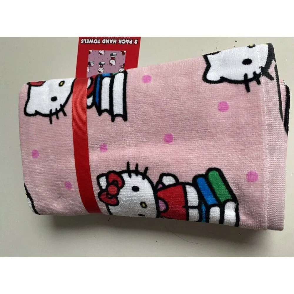 Set Of 2 Sanrio Hello Kitty Pink Hand Towels Back to School Books Class Pink NEW